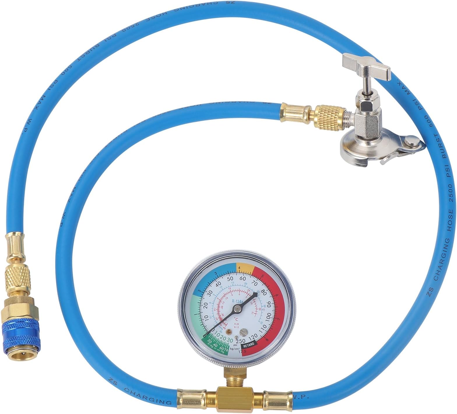 R134A Car AC Refrigerant Charge Hose Kit with Gauge, Universal Can Tap, and Low Side Quick Coupler, Blue, 1m, 1 Count