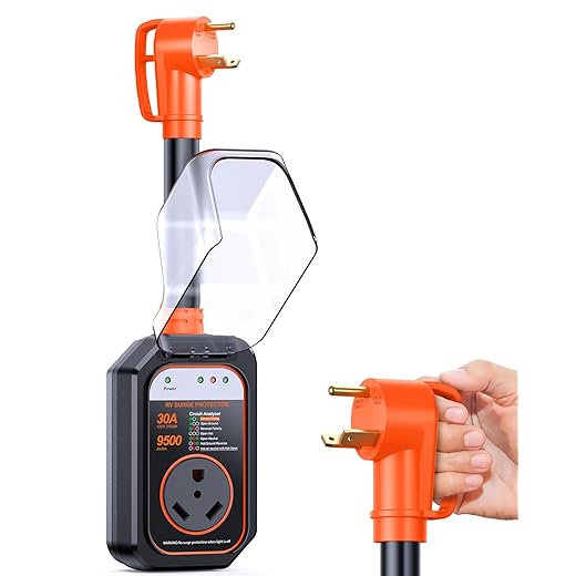 GEARGO RV Surge Protector 30 Amp, 9500 Joules RV Circuit Analyzer, IP68 Surge Voltage Protection, RV Adapter Plug for Camper (Orange)