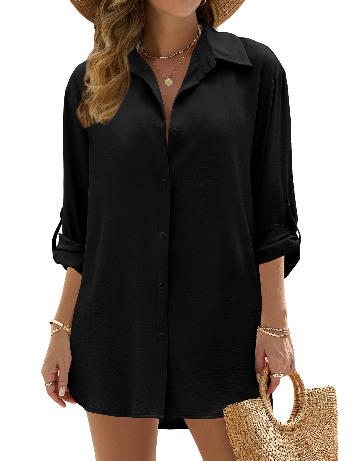 UMIPUBO Vestido Playa Mujer Camisa Suelto de Bikini Cover Up Camisas de Manga Larga Blusa con Botón para Verano Ropa Playa Verano Camisolas y Pareos