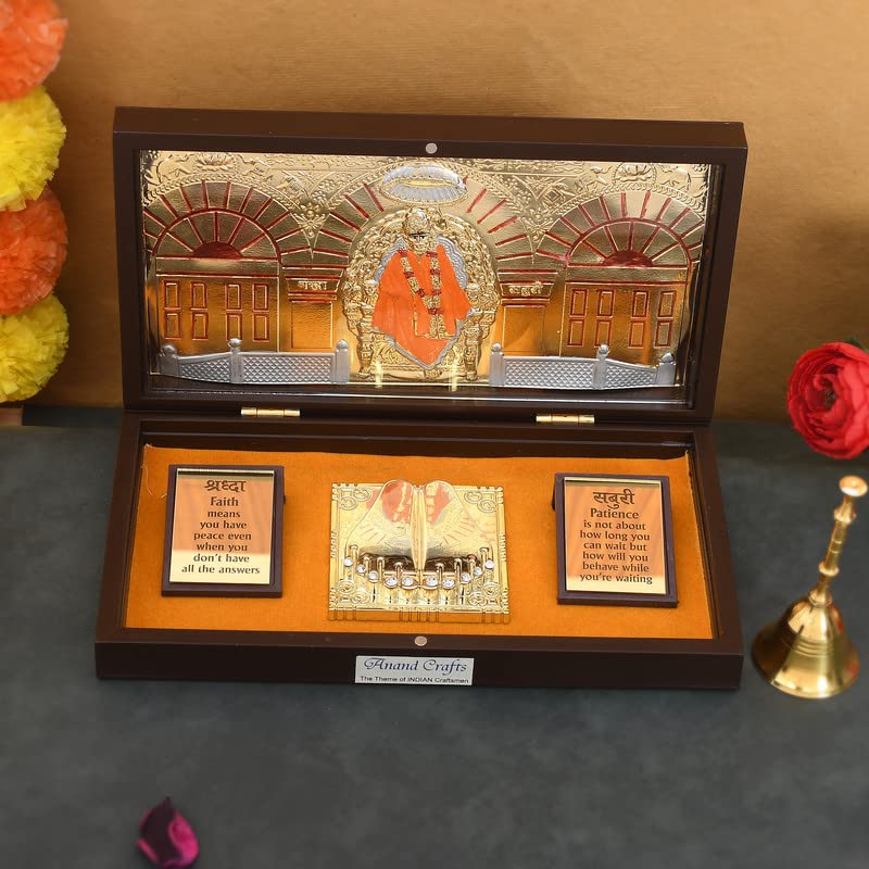 JAIPUR ACE Shirdi Sai Baba Gold Plated Charan Paduka Yantra for Health, Wealth, Prosperity & Success with Wooden Box for House Warming and Gift