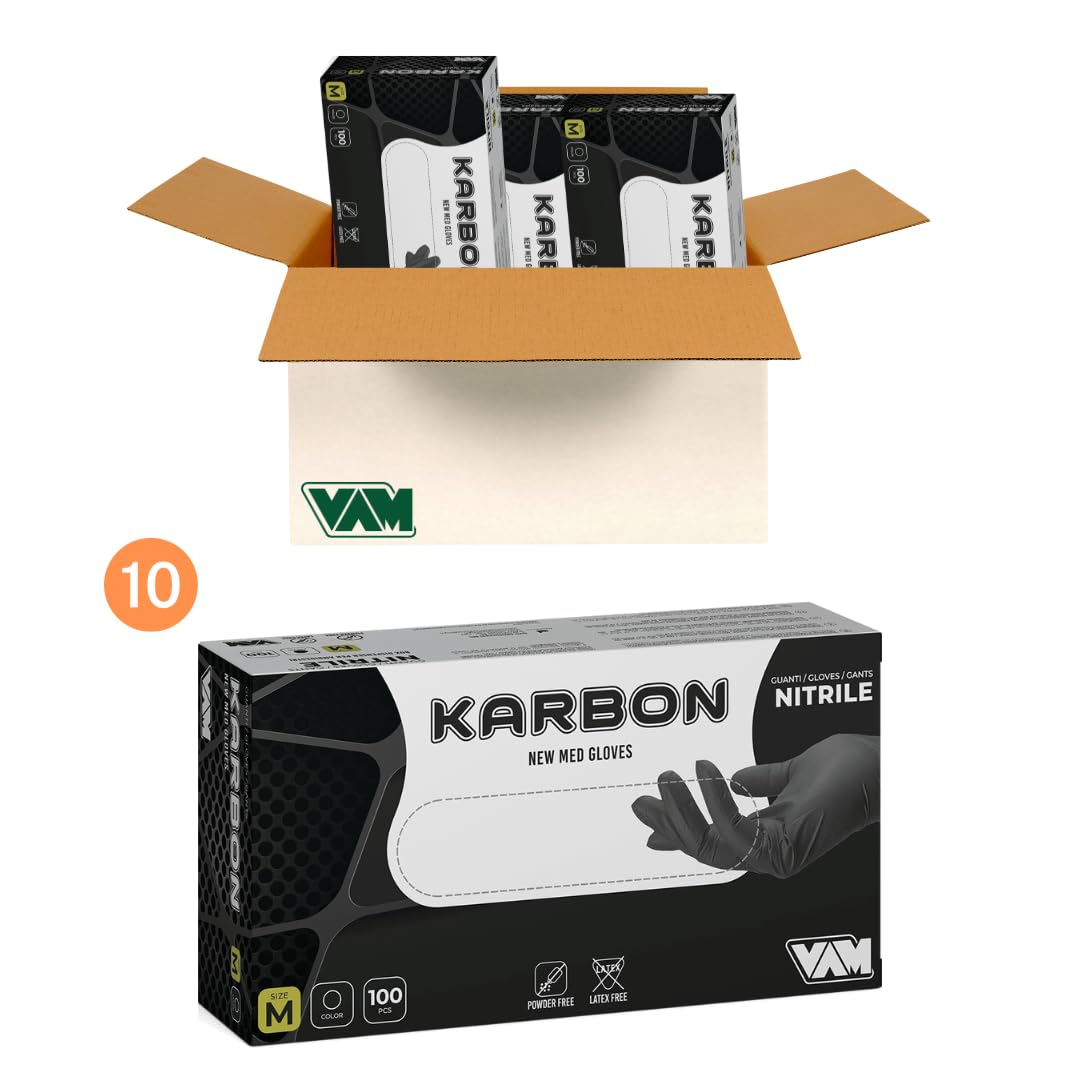 VAM KARBON Guantes de nitrilo negros 5,5 gramos extra gruesos 50% más gruesos que nuestro guante ONIX ideales Estética, HO.RE.CA.,Industria,Tatuadores (1000, L)