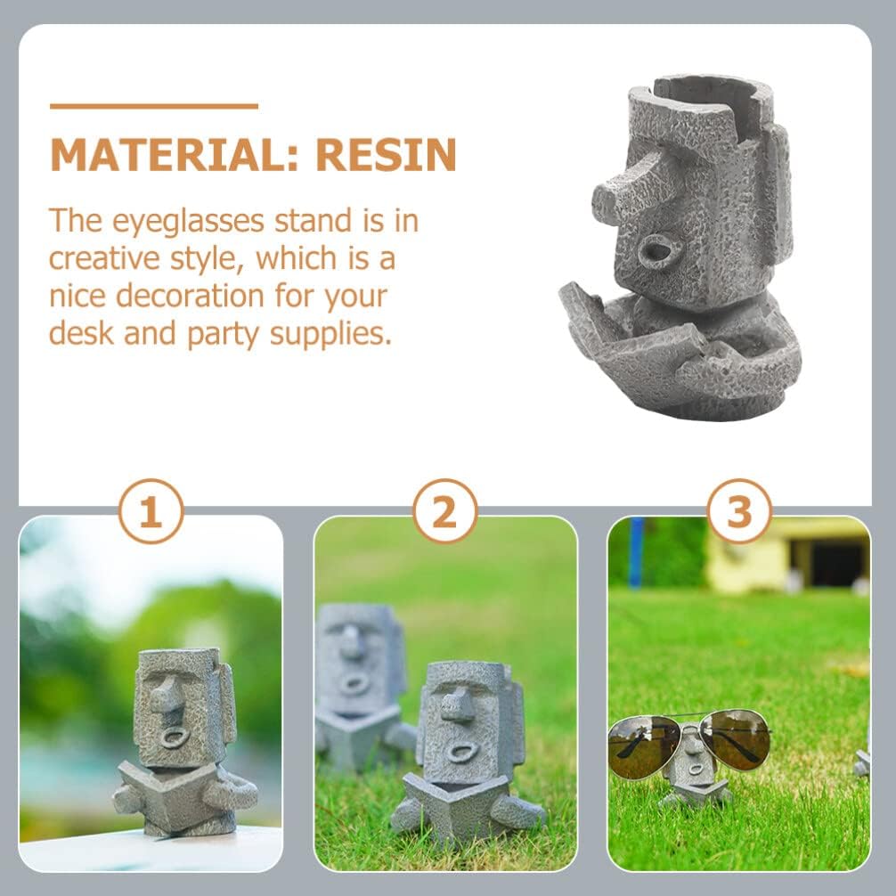 Cabilock Glasses Holder Stand Resin Easter Island Moai Monolith Statue Eyeglasses Display Stand Desktop Pen Holder Decorative Storage Rack for Spectacle Sunglasses Eyewear Grey