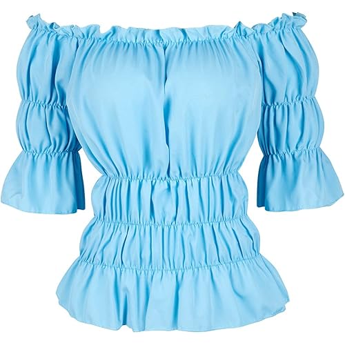 Women Renaissance Blouse Victorian Steampunk Pirate Shirt Off Shoulder Short Sleeve Smocked Blouse Tops