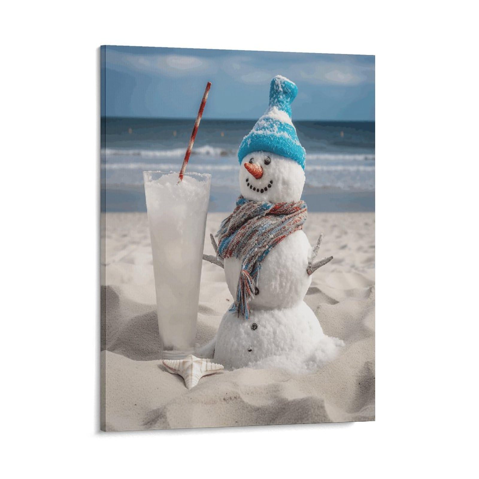 Adfgyerh Style Snowman Bech Wall Art Framed,Canvas Prints Ready To Hang Home Decor,Canvas Wall Art For Living Room Hallway Office Wall Decor 16X20inch(41X51cm)