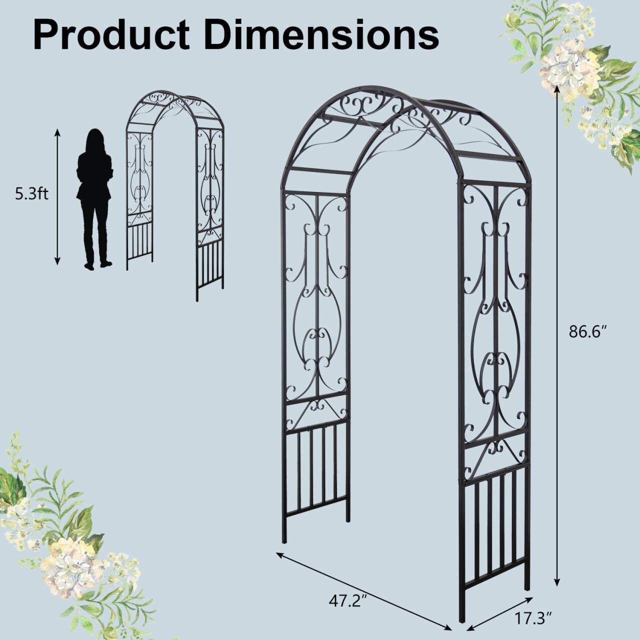 MOTION Garden Arch Trellis Arbor - Metal Garden Arbor Garden Trellis, Wedding Arch for Ceremony, Garden Arch Trellis for Climbing Plants Roses Vines Outdoor Yard Lawn, 7.3'H x 3.9'W, Black