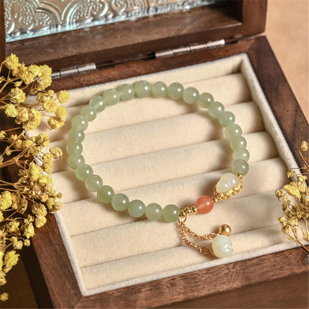 Pulsera de Transferencia Guofeng Fu Lu, Mano de Plata 925 y Cuerda de Mano con Borla de Calabaza de Jade hetiano