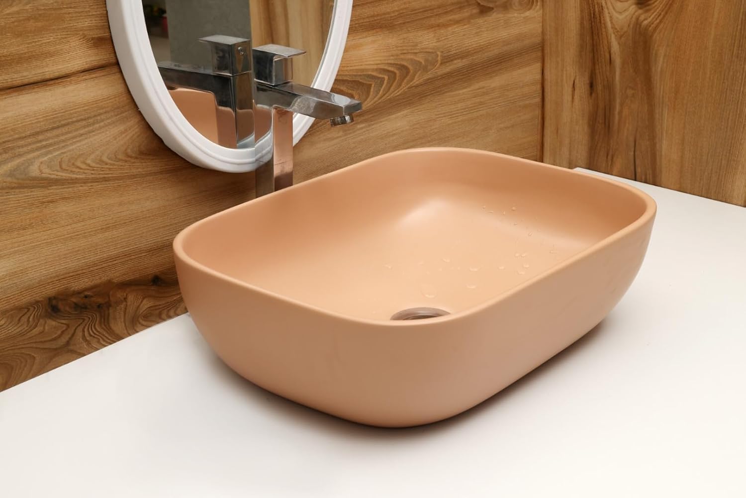 MAHISRE Ceramic Countertop Wash Basin | Designer Table Top Bathroom Basin Sink | Vessel Sink Wash Basin Over Counter for Bathroom, Hotel, Home Living Room (18x13x5.5 Inch) (Matte Beige)