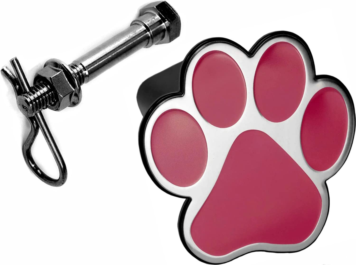 Dog Animal Paw Foot Emblem Metal Trailer Hitch Cover (Fit 2" Receivers, Chrome & Pink)