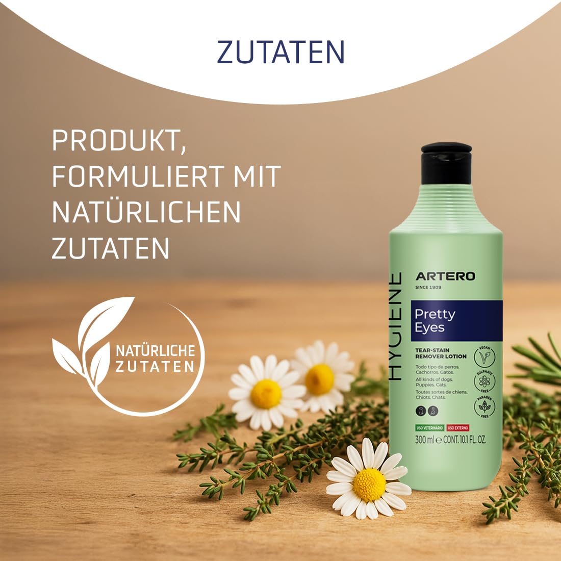 Artero Pretty Eyes. Augen- und Tränenkanalreiniger. Entfernt Flecken aus den Tränenkanälen von Hunden und Katzen. Augenreiniger für Hunde. Natürliche Inhaltsstoffe. Hygiene für Hunde und Katzen.