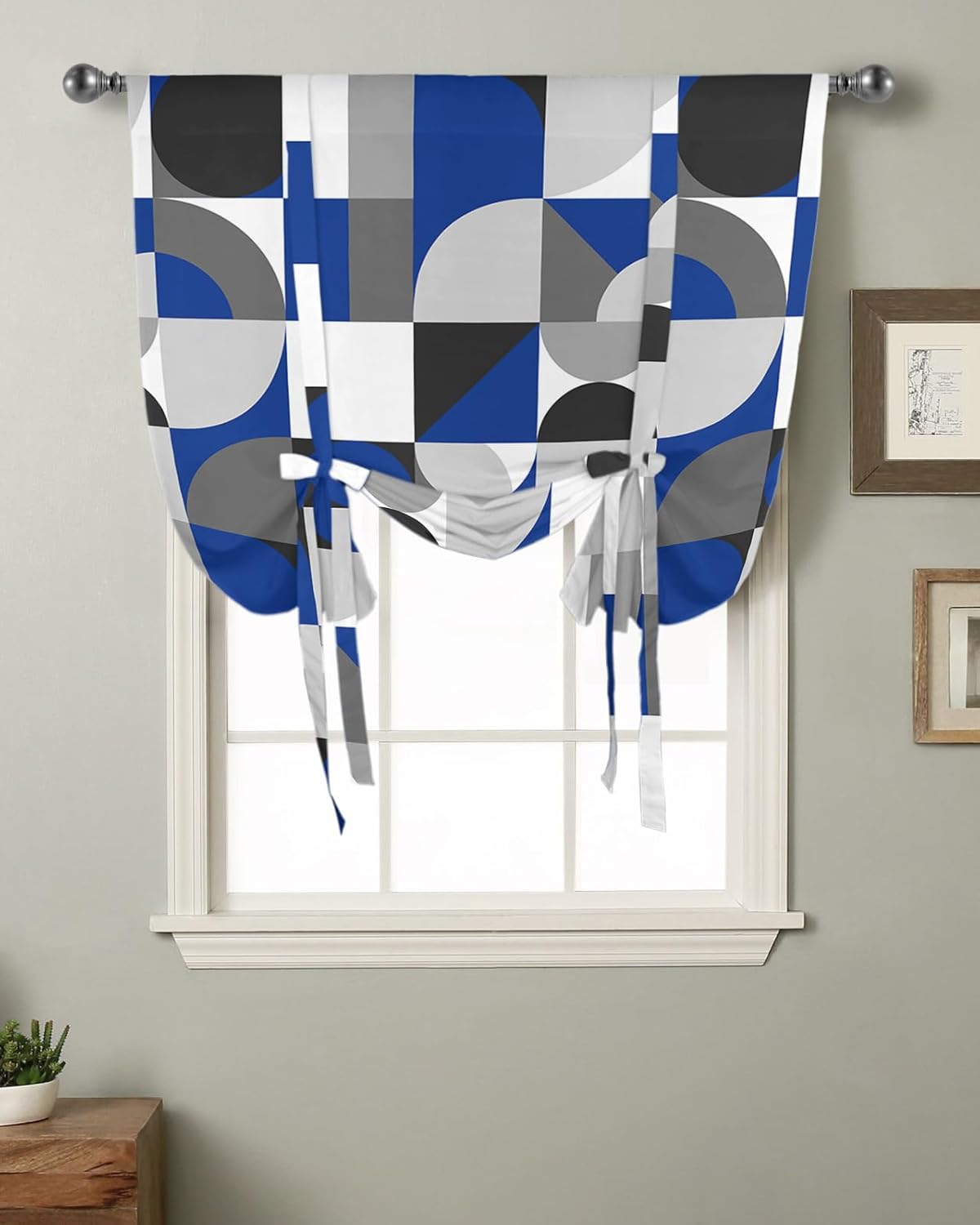 Tie Up Curtains Window Shades,Mid Century Navy Blue Grey Abstract Retro Geometric Modern Rod Pocket Tie Up Window Shade,Adjustable Balloon Curtain Shade for Blinds Kitchen Bathroom,1 Panel,52"x63"