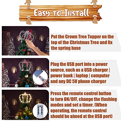 Sliver Christmas Crown Tree Topper, 145 Jewel Xmas Star Treetop - Usb Plug In With 60 Warm White Led + 8 Lighting Mode + 10 Levels Dimming - Light Up For Party Home Christmas Tree Decorations (Timer) #TOP6
