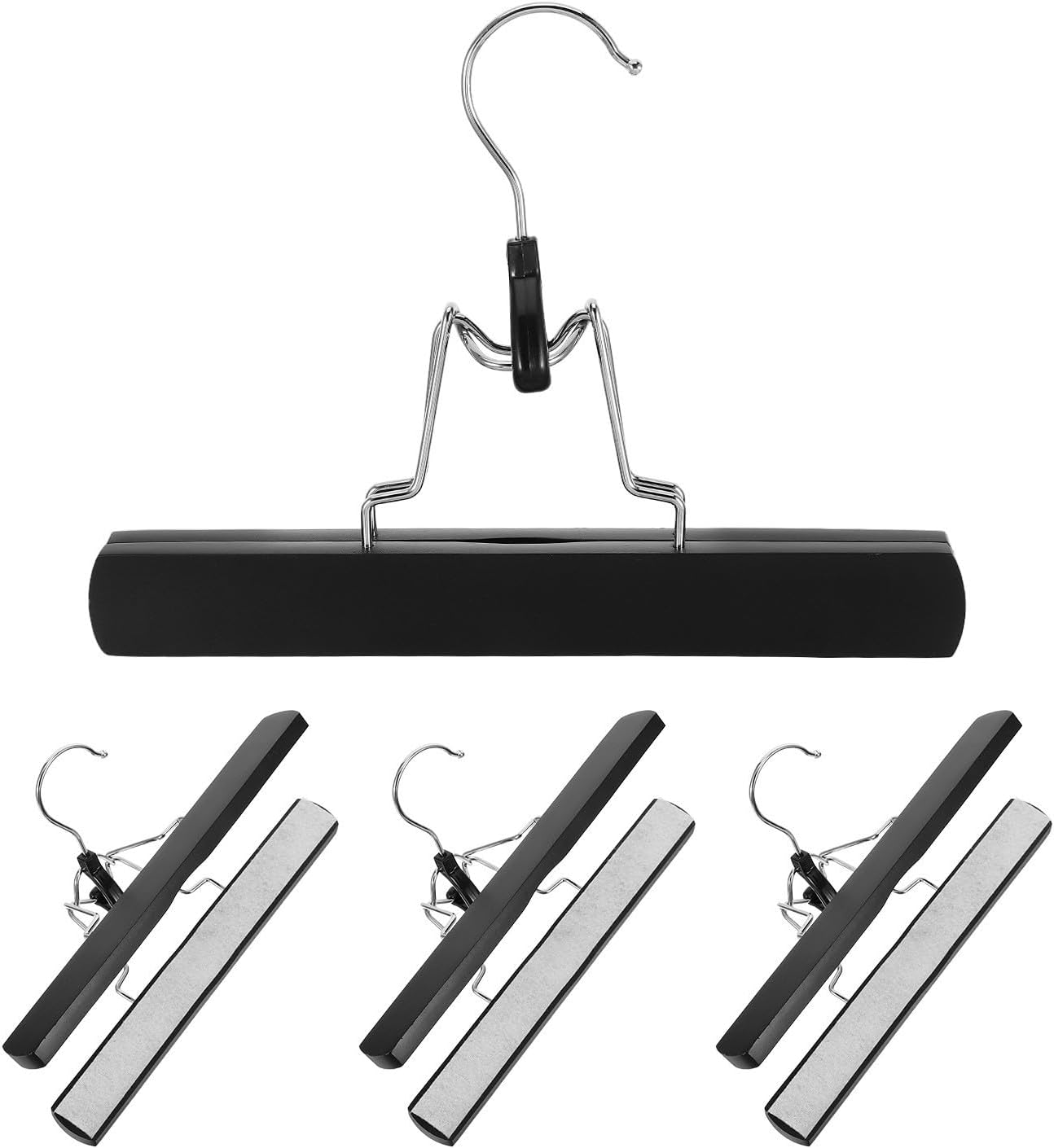 4pcs Wood Skirt Clamp Hangers with Anti Slip Padded Clips, Black Vertical Clothes Hangers for Skirts and Pants, Space Saving Design with Widened Clamp Arms for Home Cabinet Storage