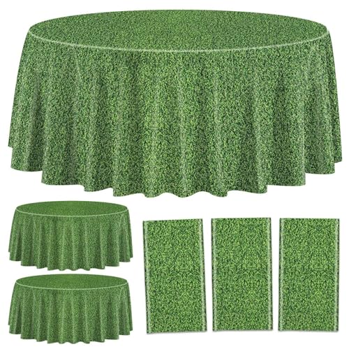 PIXHOTUL 3 Pcs Green Grass Tablecovers, Round Grass Pattern Plastic Tablecloths, Football Party Supplies for Sports Theme Parties Supplies Golf Football Event Decor, 213 x 213cm