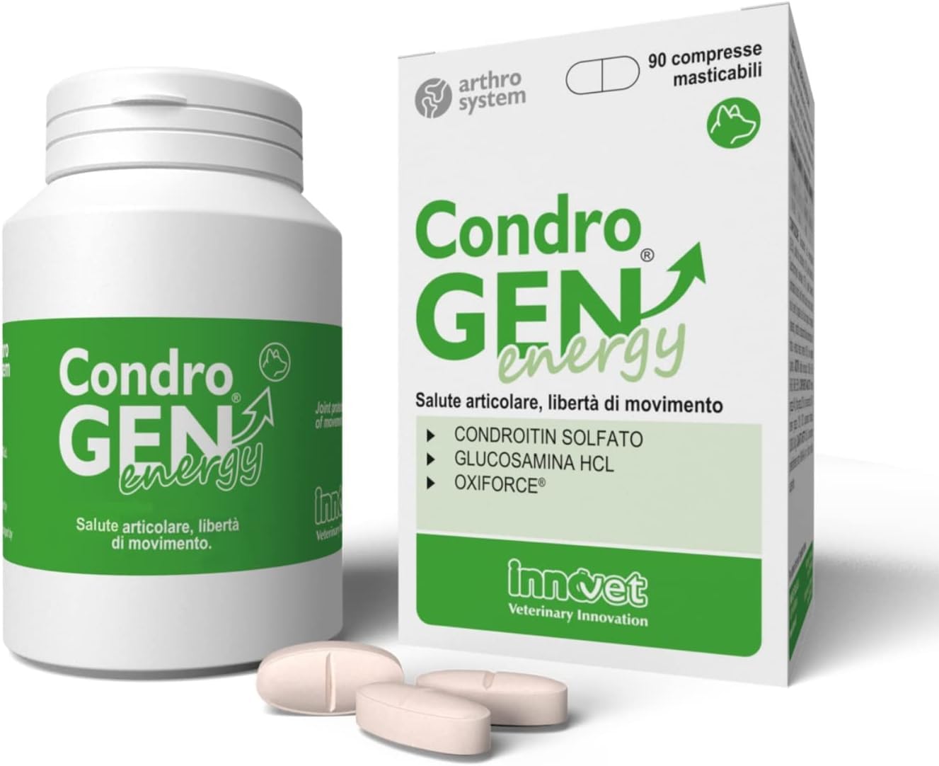 Innovet, Condrogen Energy, per Articolazioni dei Cani, Ideale per Cuccioli e Cani Attivi, con Glucosamina e Condroitin, 90 Compresse Masticabili