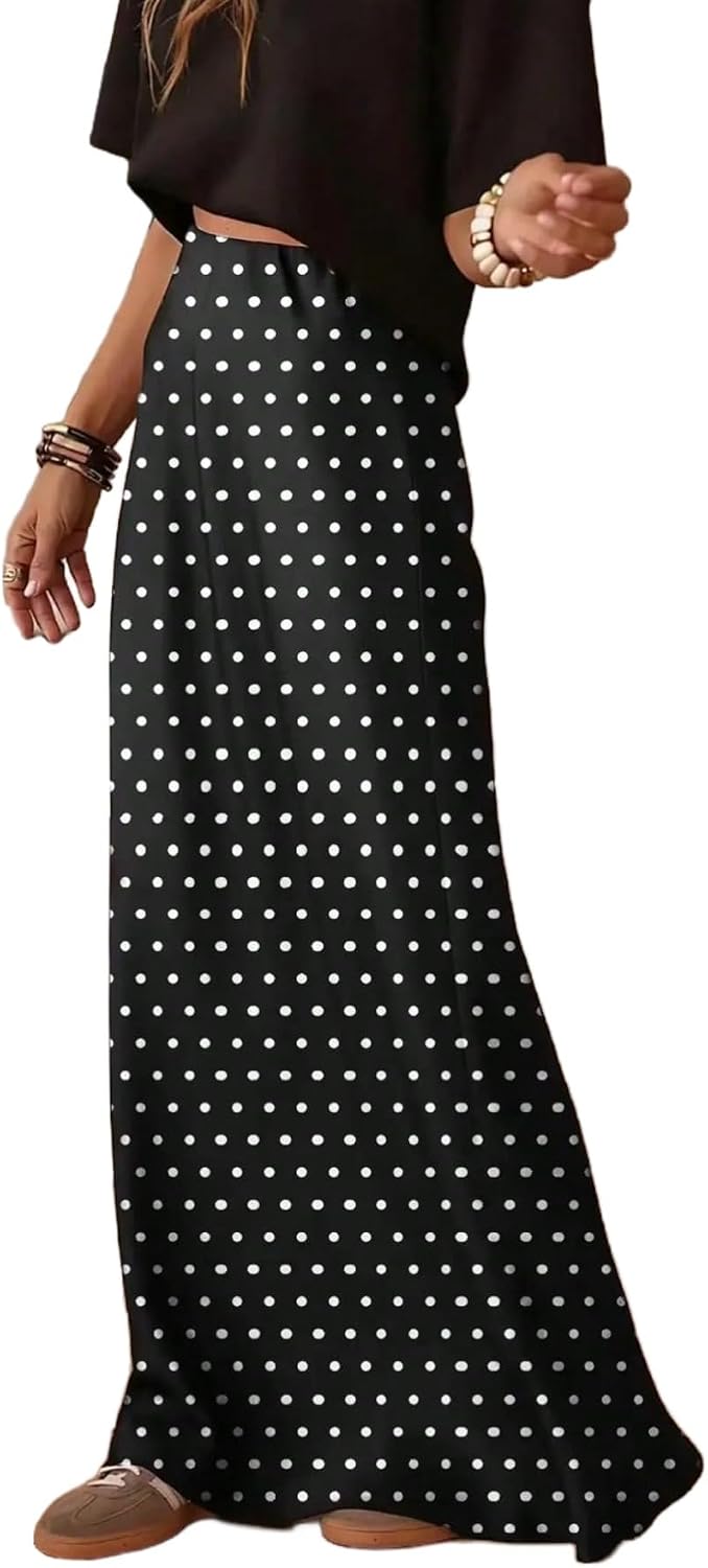 MakeMeChic Women's Polka Dots Maxi Skirt A Line Flowy Long Skirts