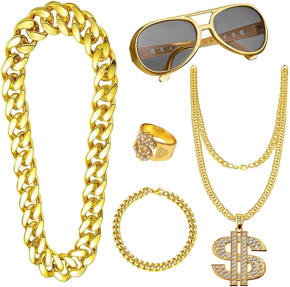 5pcs Hip Hop Costume, 80s/90s Hip Hop Fancy Dress Accessories for Adult, Fake Gold Chain Bracelet, Fake Dollar Sign Necklace, Hip Hop Ring, Hippie Glasses for Hippie Rapper Disco Outfit