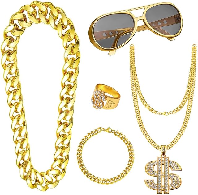 5pcs Hip Hop Costume kit, 80s/90s Hip Hop Fancy Dress Accessories for Kids Adult, Fake Gold Chain /Bracelet, Fake Dollar Sign Necklace, Hip Hop Ring, Hippie Glasses for Hippie Rapper Disco Outfit