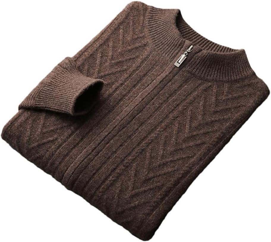 Men's Autumn Winter 100% Cashmere Knitted Sweater Coat Loose Long Sleeve Stand Neck Zipper Cardigan