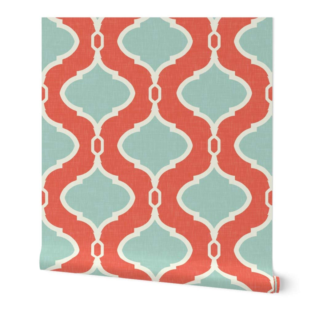 Removable Wallpaper Swatch - Quatrefoil Trellis Mint Coral Bright Turquoise Custom Pre-Pasted Wallpaper by Spoonflower - Amazon.com Removable Wallpaper Swatch - Quatrefoil Trellis Mint Coral Bright Turquoise Custom Pre-Pasted Wallpaper by Spoonflower - Amazon.com