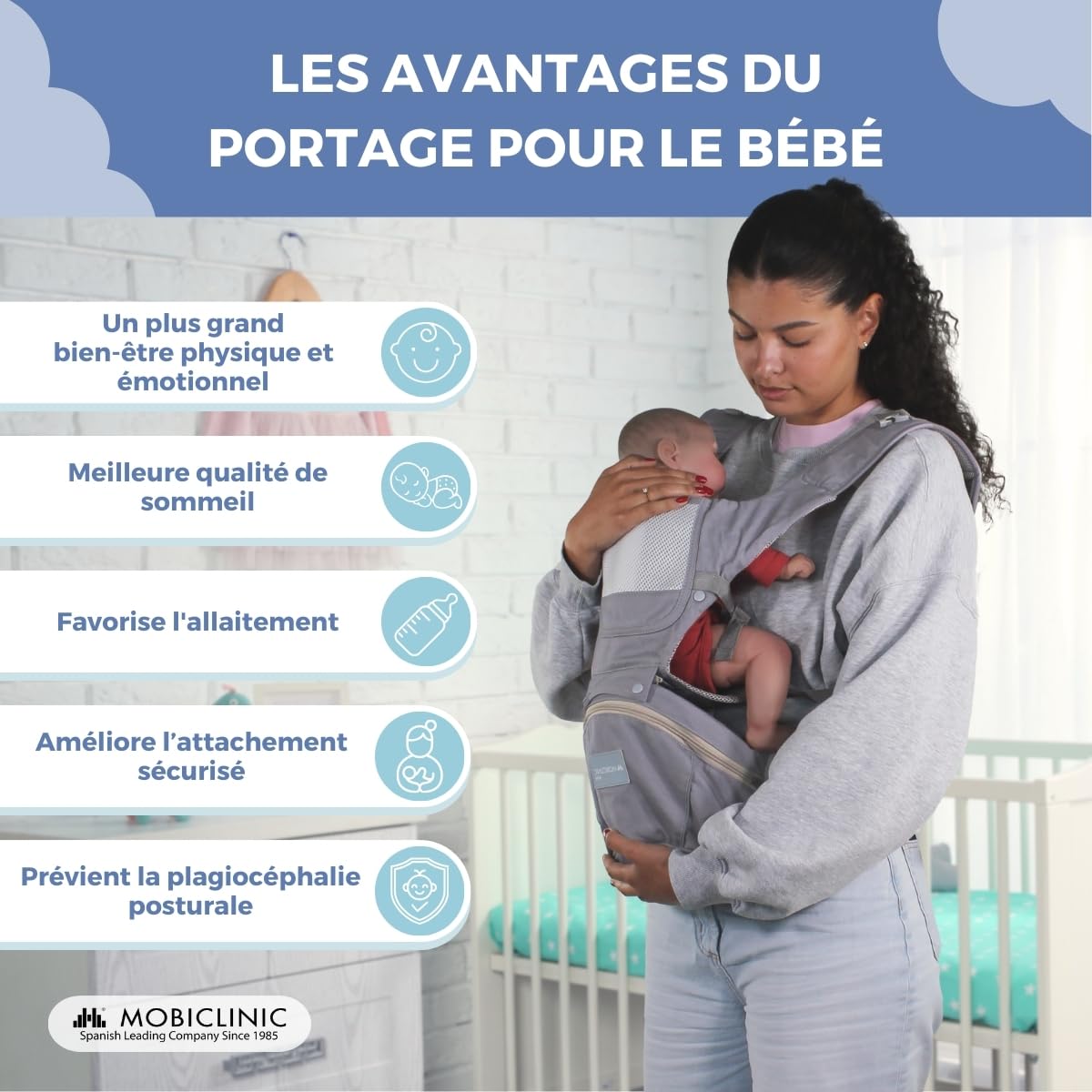 Mobiclinic® kids, Porte-bébé, 6 en 1, Moley, Multiposition, Pliable, Poche zippée, Porte-biberon, Coton premium doux, 0-36 mois, Pour nouveau-nés et enfants (gris)
