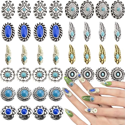 Western Nail Art Charms, 40 Pieces Metal Turquoise Decorations, Mixed Shapes 3D Gems for DIY Manicure