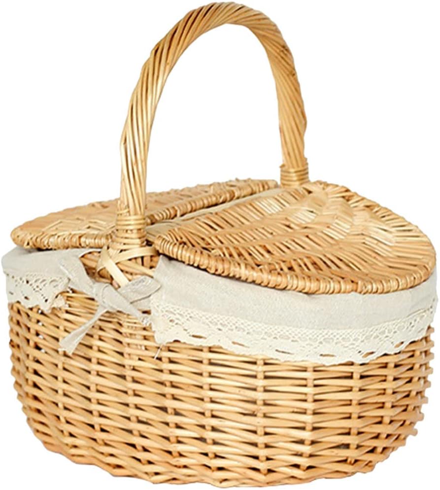 Large Wicker Picnic Basket with Lid and Handle Handwoven Rattan Storage Basket for Outdoor Use Portable Bread Fruit and Grocery Carrier 7.28X10.04X5.31 Inches
