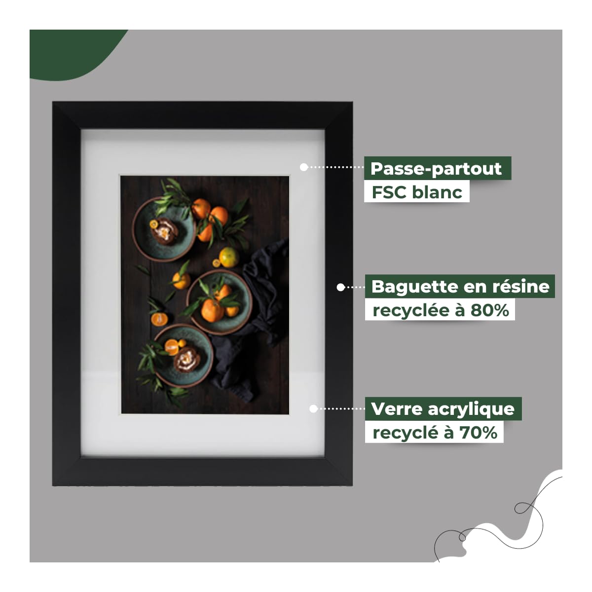 Ceanothe Cadre Photo 40x50 cm en Bois FSC Noir Passe-partout 30x40 cm - Convient au A3 Design Effet Caisse Collection MILAN Verre acrylique Incassable Fabriqué en France