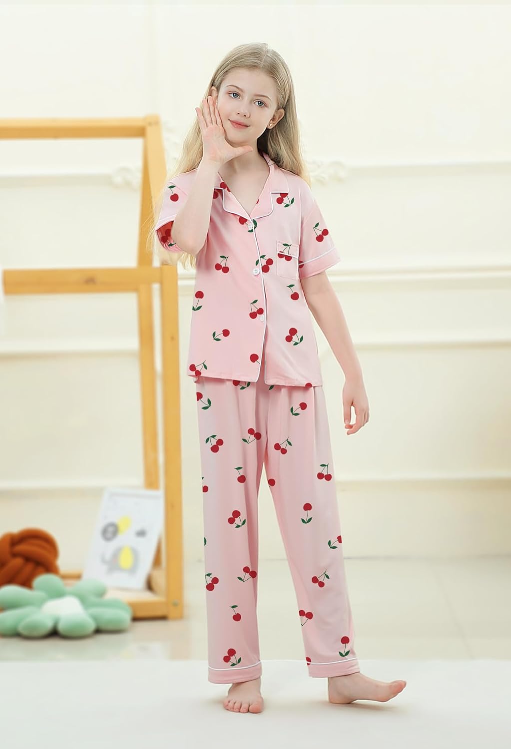 Umeyda Girls Pajamas Set Button Down Notch Collar Soft Short Sleeve Pjs Set with Long Pant Set Lounge Set - Image 4