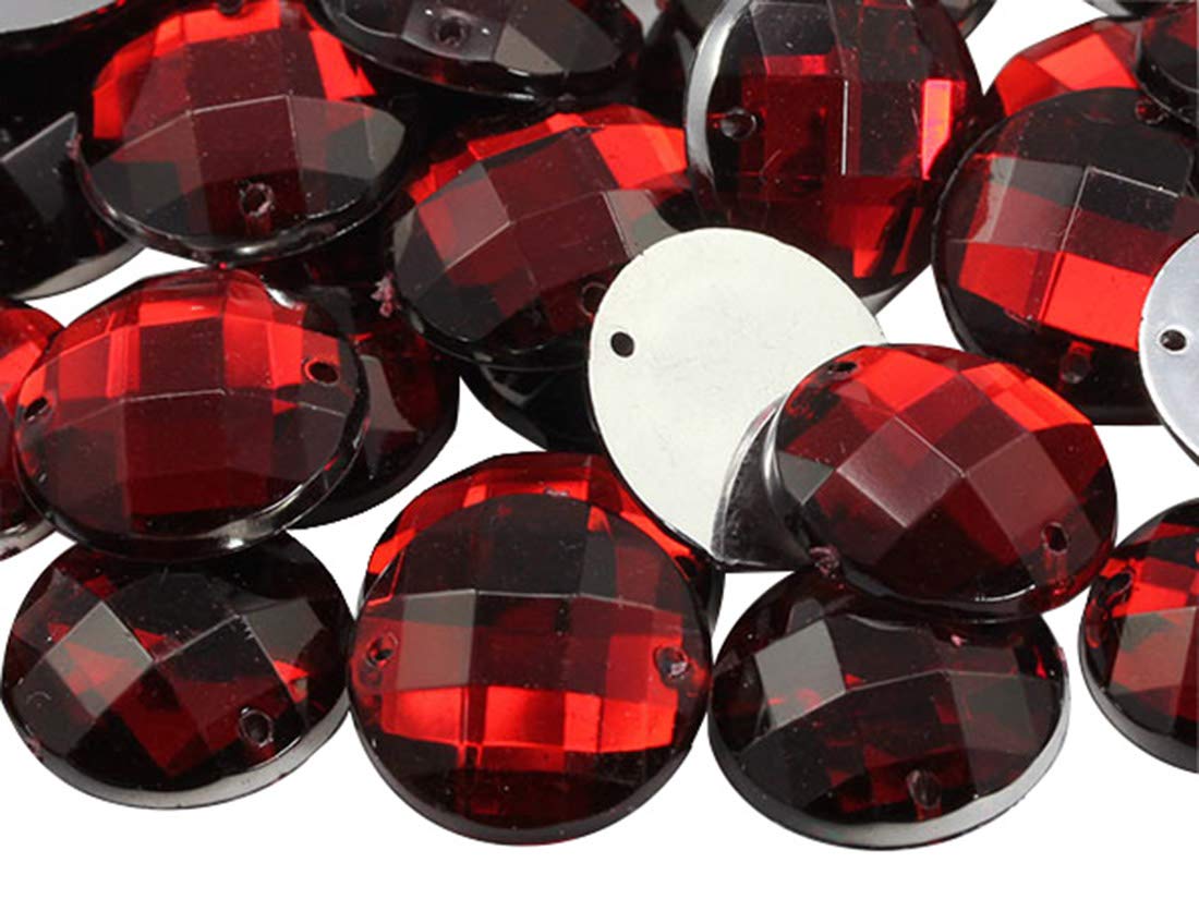 Allstarco 16mm Red Ruby CH17 Flat Back Sew On Round Beads Acrylic Rhinestones Sewing Plastic Gems with Holes for Jewelry Clothes