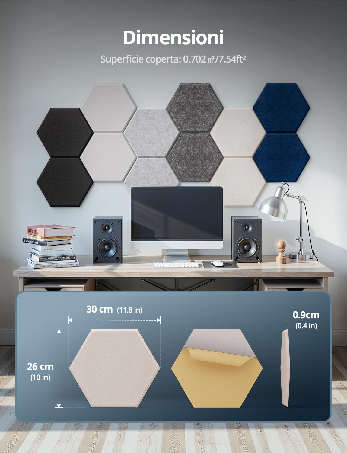 Kuchoow Pannelli Fonoassorbenti Esagonali Adesivi per Parete, 12 Pezzi Pannello Acustici Decorativi per Riduzione dell'Eco, Camera Da Letto, Soggiorno, Interni, Soffitto, 30x26x0,9 cm, Beige