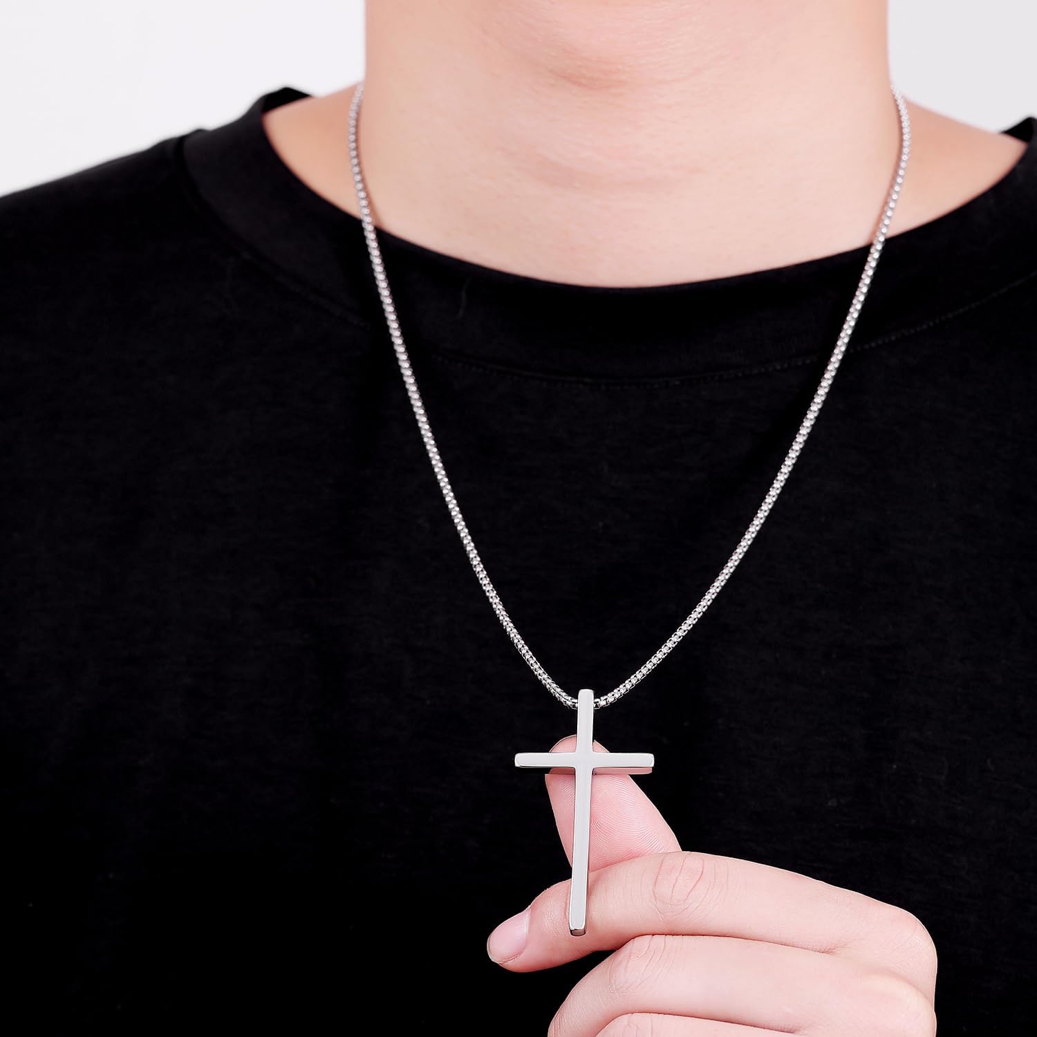 Fiusem Valentines Gifts for Him - Cross Necklace for Men, Silver/Gold/Black Mens Cross Necklaces with 2.5mm Cross Chain and Stainless Steel Cross Pendant, Box Chain 16-24 Inch, Jewelry Gift - Image 8