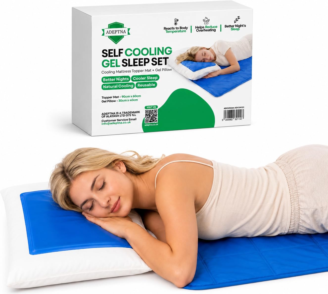 ADEPTNA MAGIC MULTI FUNCTIONAL SELF COOLING GEL PAD MATTRESS TOPPER MAT WITH COOLING GEL PILLOW - BETTER NIGHTS SLEEP - 100% SAFE AND CLEAN