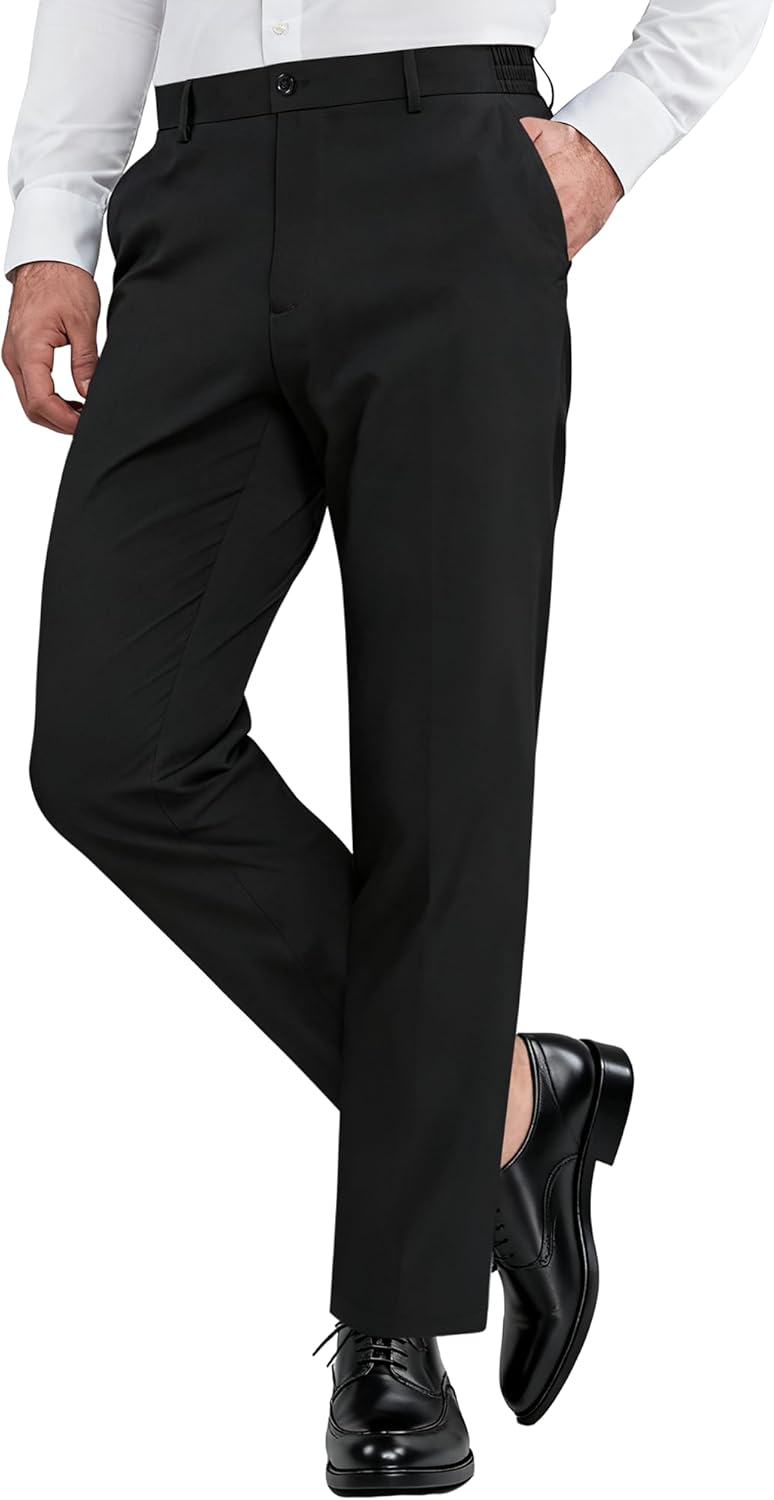 DOWMQ Mens Dress Pants Classic Fit 28"/30"/32" Lightweight Work Slacks Expandable Waist Trousers for Golf,Business,Casual