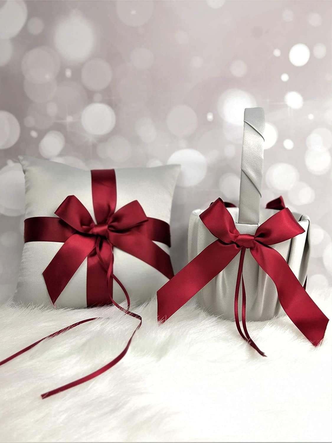 Abbie Home Flower Silver Girl Basket + Ring Pillow Satin Cover with Burgundy Ribbon Bow Décor Party Favor Luxury Satin Collection Party Favor Set (Basket+Pillow)