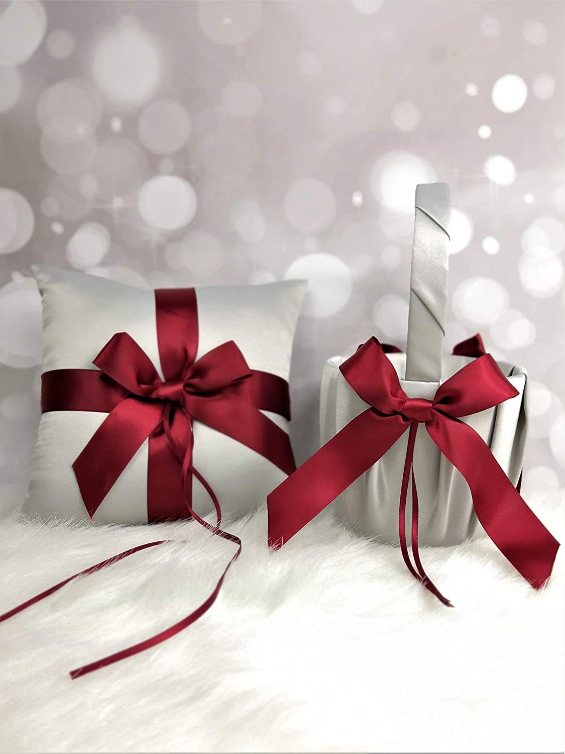 Abbie Home Flower Silver Girl Basket + Ring Pillow Satin Cover with Burgundy Ribbon Bow Décor Party Favor Luxury Satin Collection Party Favor Set (Basket+Pillow)
