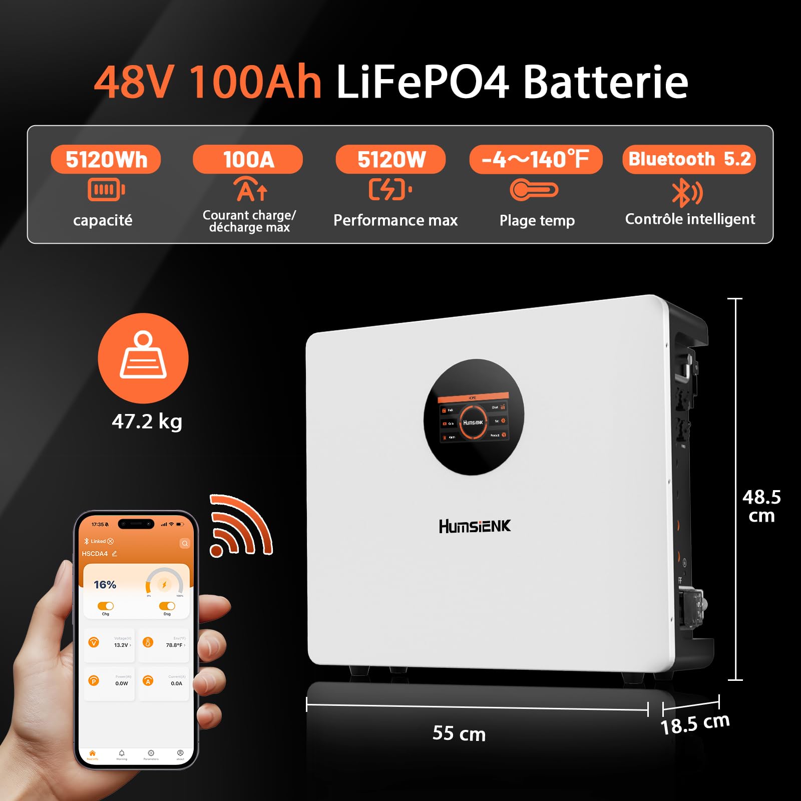 HumsiENK LiFePO4 Batterie au Lithium 48 V 100 Ah Con Bluetooth avec Protection 100 BMS et 6000 Cycles, 5120Wh, Batterie au Lithium à Cycle Profond pour Camping-Car, Système Solaire, Bateau, Maison