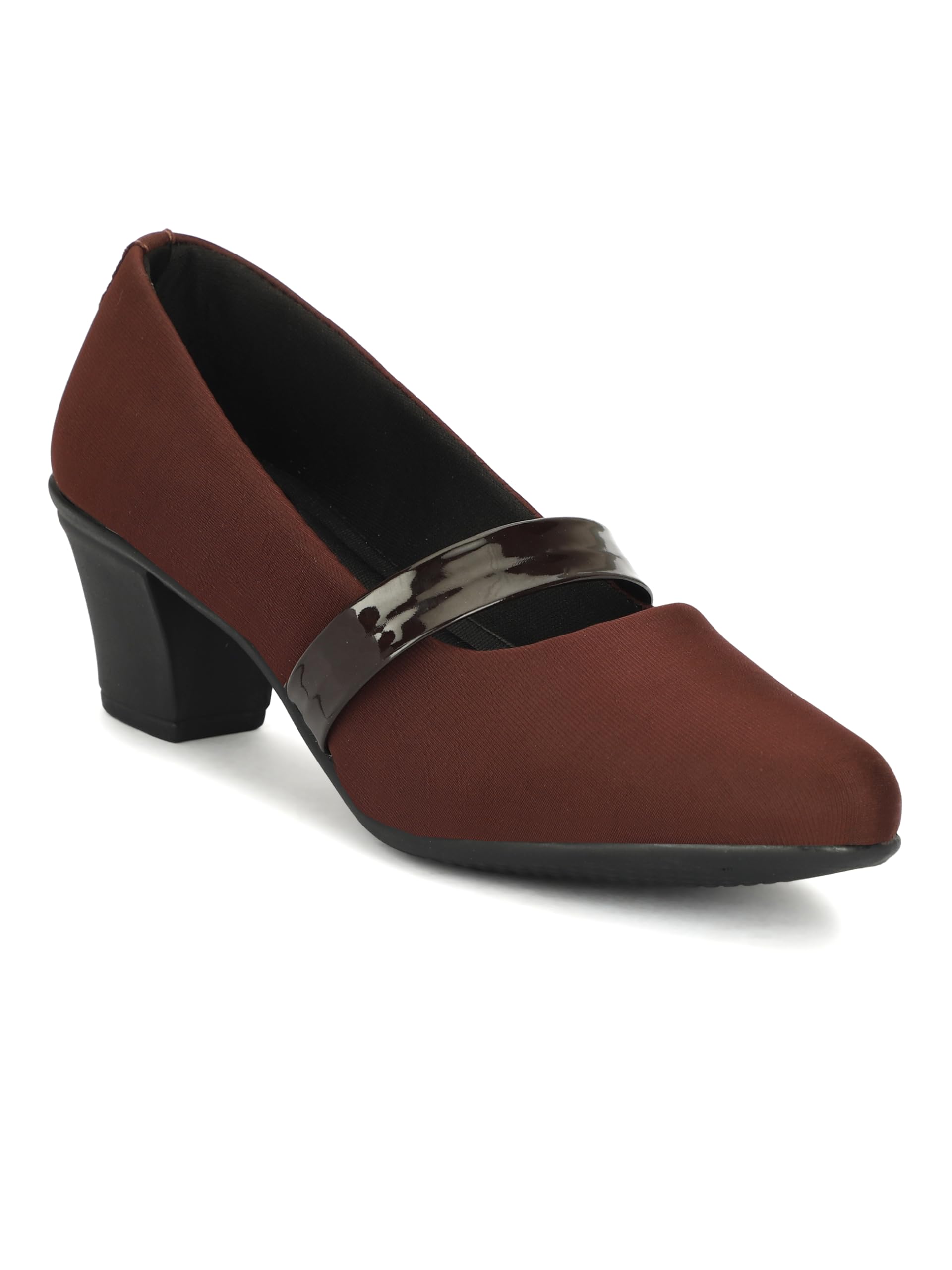 rimezs Women's Classic Block Heel Pumps with Patent Strap, Brown and Black-picture-28