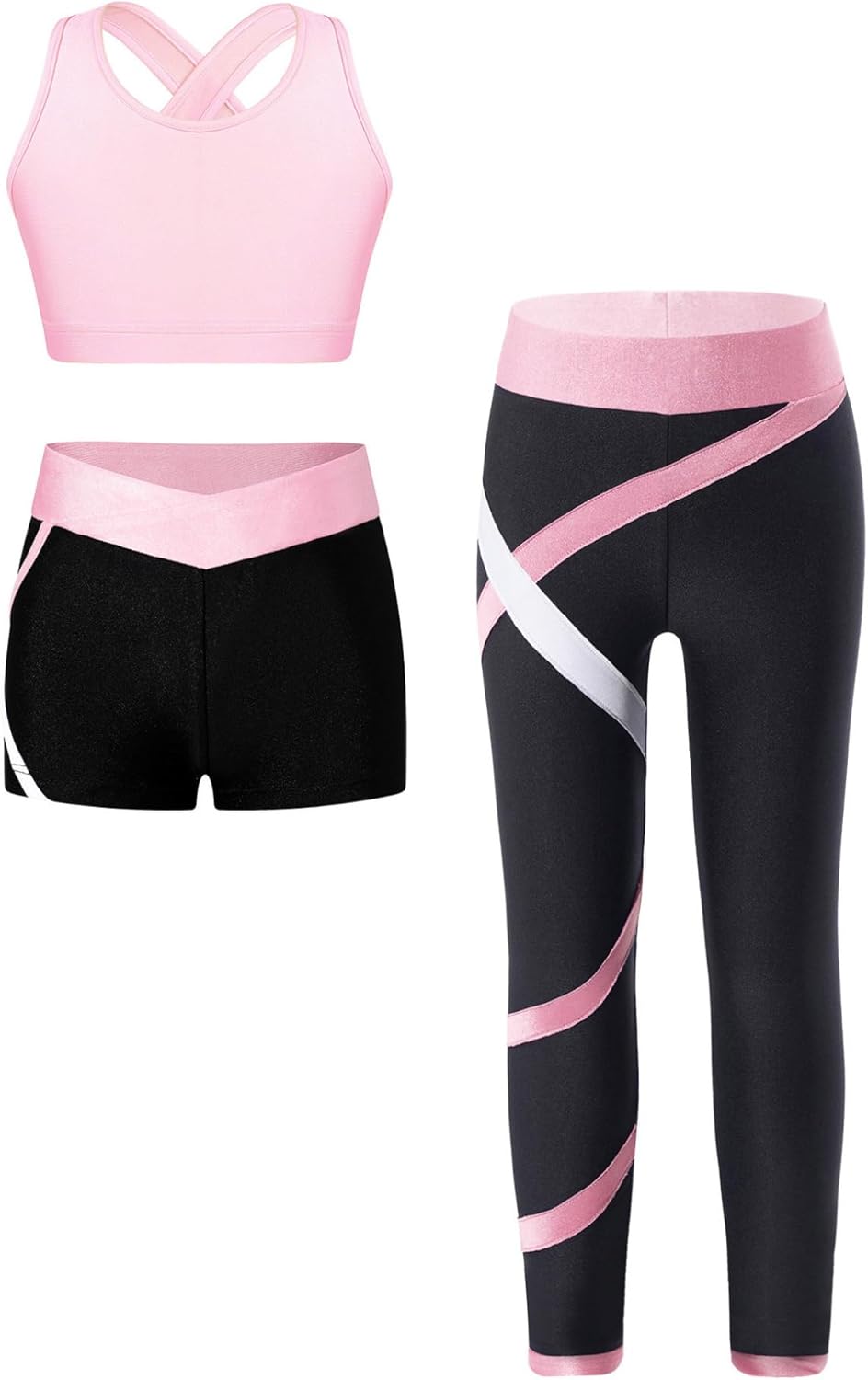 Hansber Kids Girls Dance Outfits Crop Top with Shorts Leggings 3 Pieces Outfits for Gymnastics Yoga Dancing