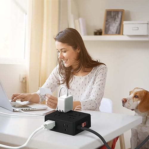 Miniatura 4 de Regleta protectora de sobretensiones  Cable de extensión de enchufe plano de 20 pies con 8 tomas amplias y 4 puertos USB (1 USB C), extensor de 3