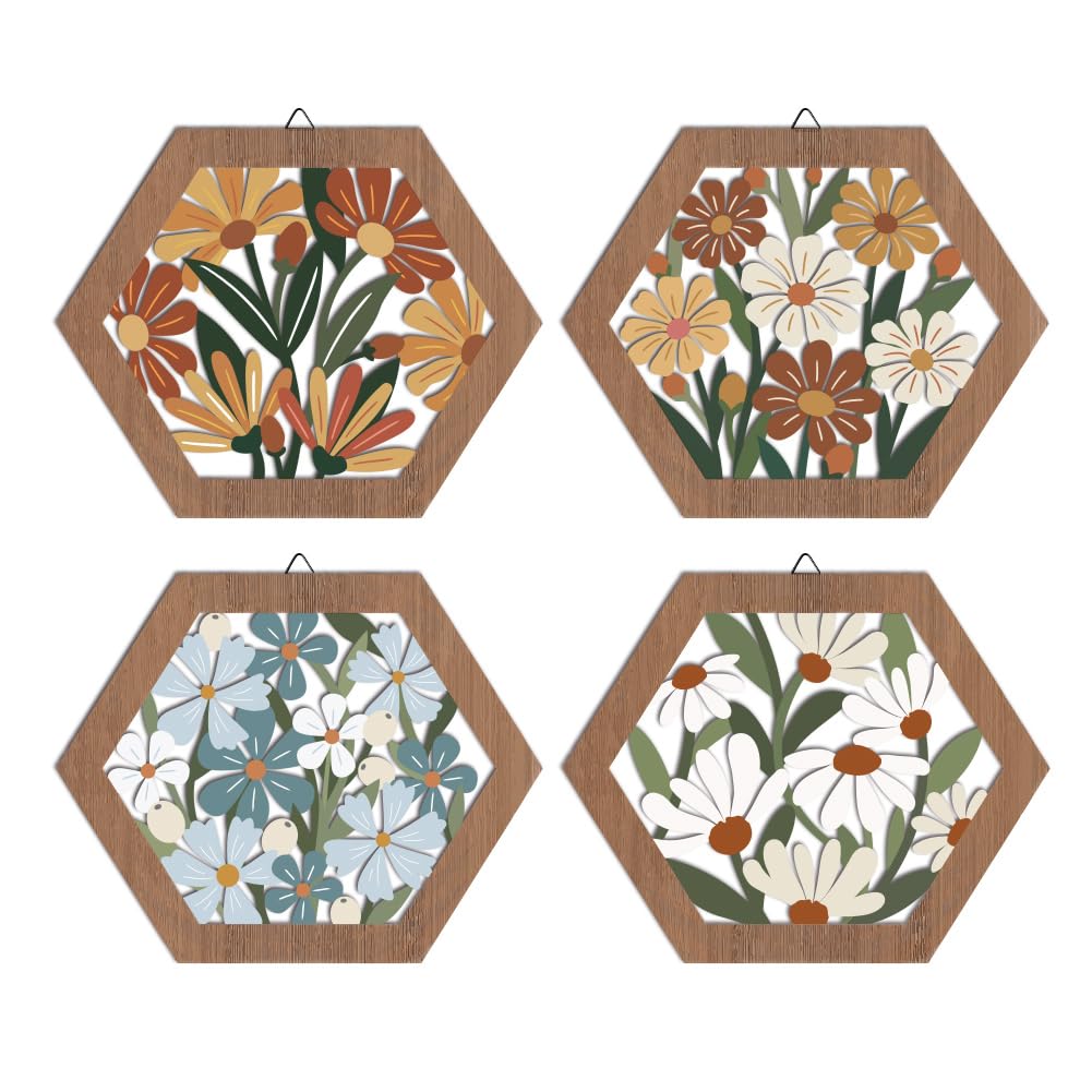 Impression d'art mural de fleurs cadre en bois suspendu hexagonal - 8