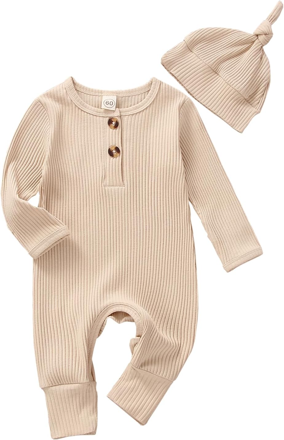 Infant Boys Girls Clothes Set Newborn Baby Romper Hat Ribbed Knit Long Sleeve Button Solid Bodysuit Jumpsuit