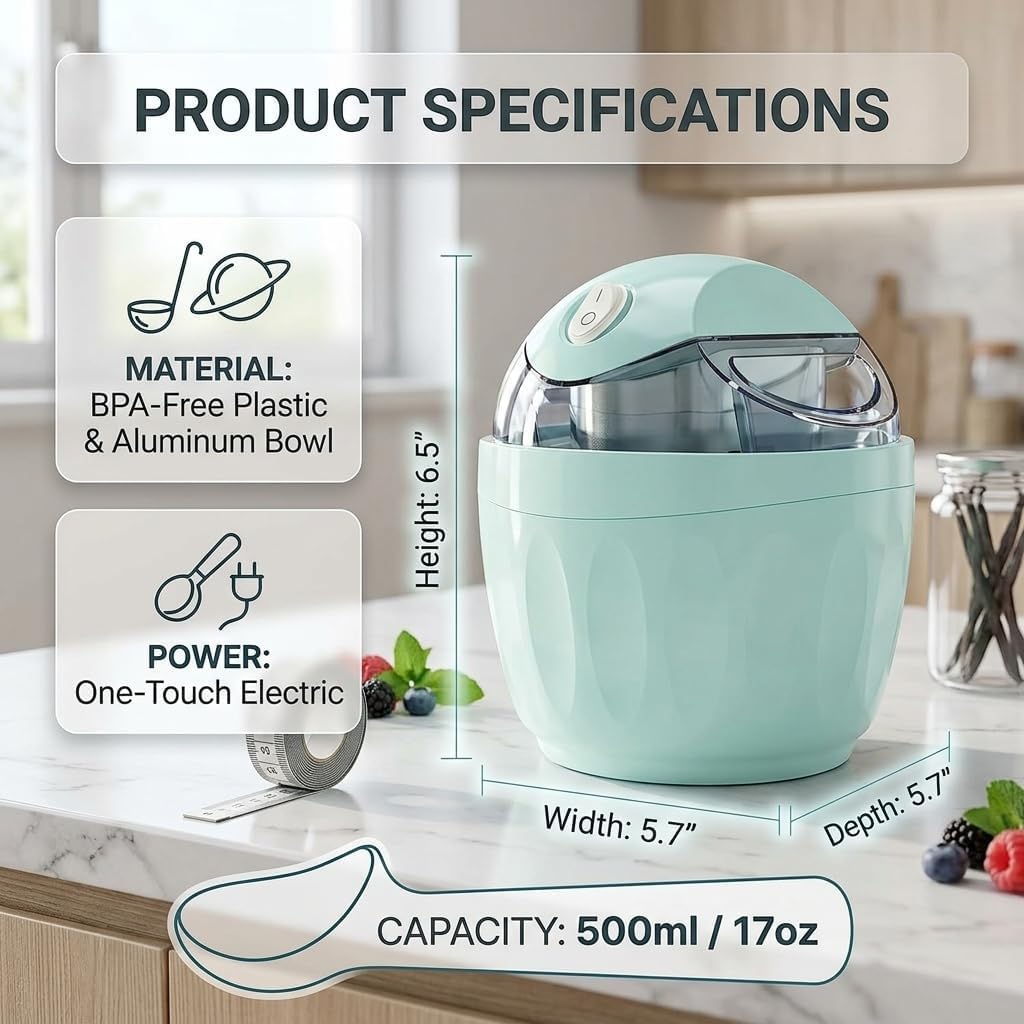 Heladera eléctrica compacta para el hogar, Capacidad para 17 oz de Gelato y Sorbete, Funcionamiento con un Solo Toque, Lista en 15 Minutos, Ideal para Yogur Helado y postres Familiares.