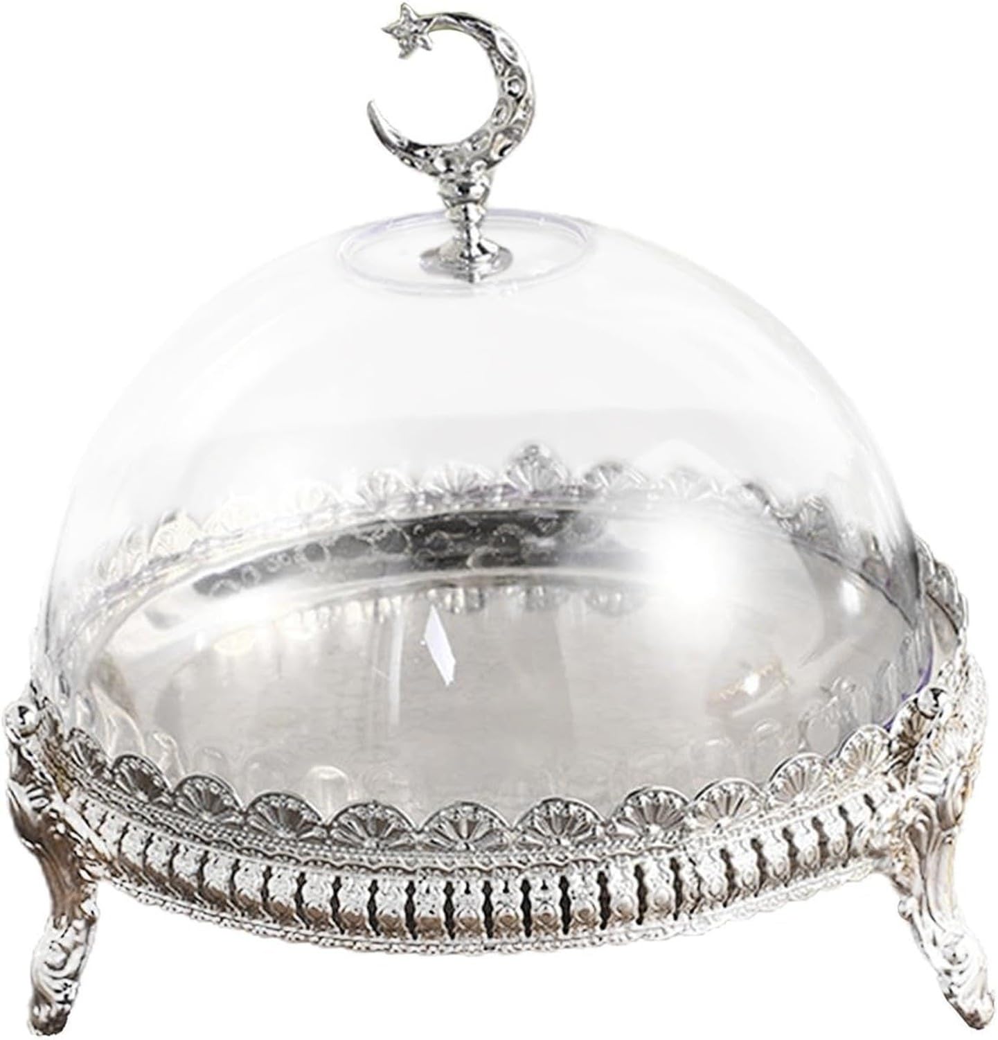 Présentoir à Gâteau avec Couvercle Plateau à Cookies Décoratif Plat de Service pour Fêtes Mariage Anniversaire Événements Festifs, Silver