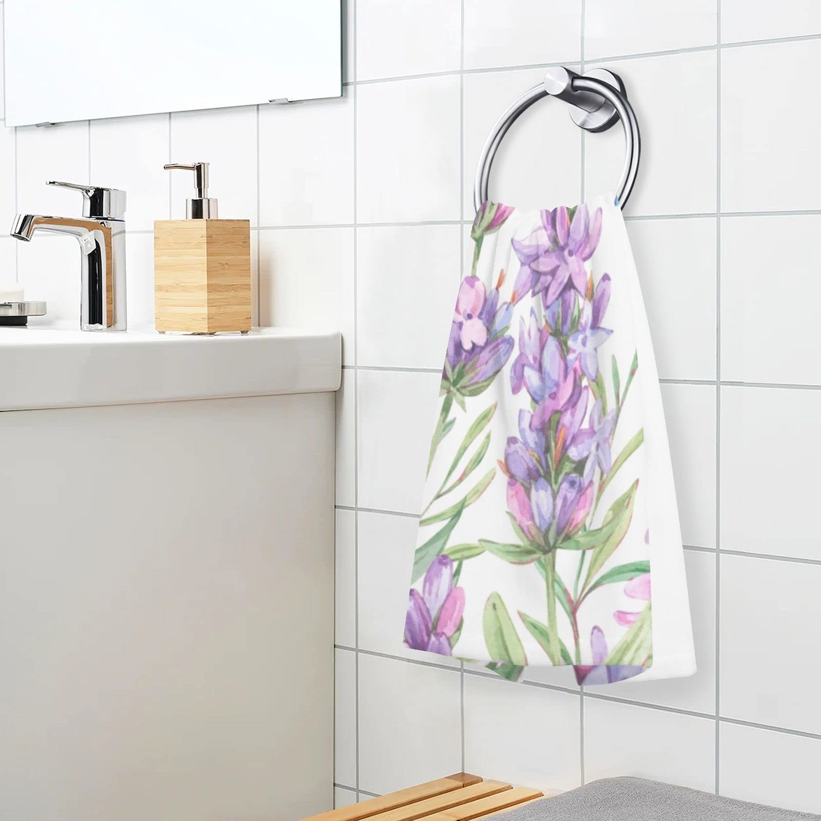 ALAZA Lavender Flower Purple Hand Towels for Bathroom Set of 2 Soft 100 Percent Cotton Towel Luxury Decorative Bath Towels Highly Absorbent Face Towel 16