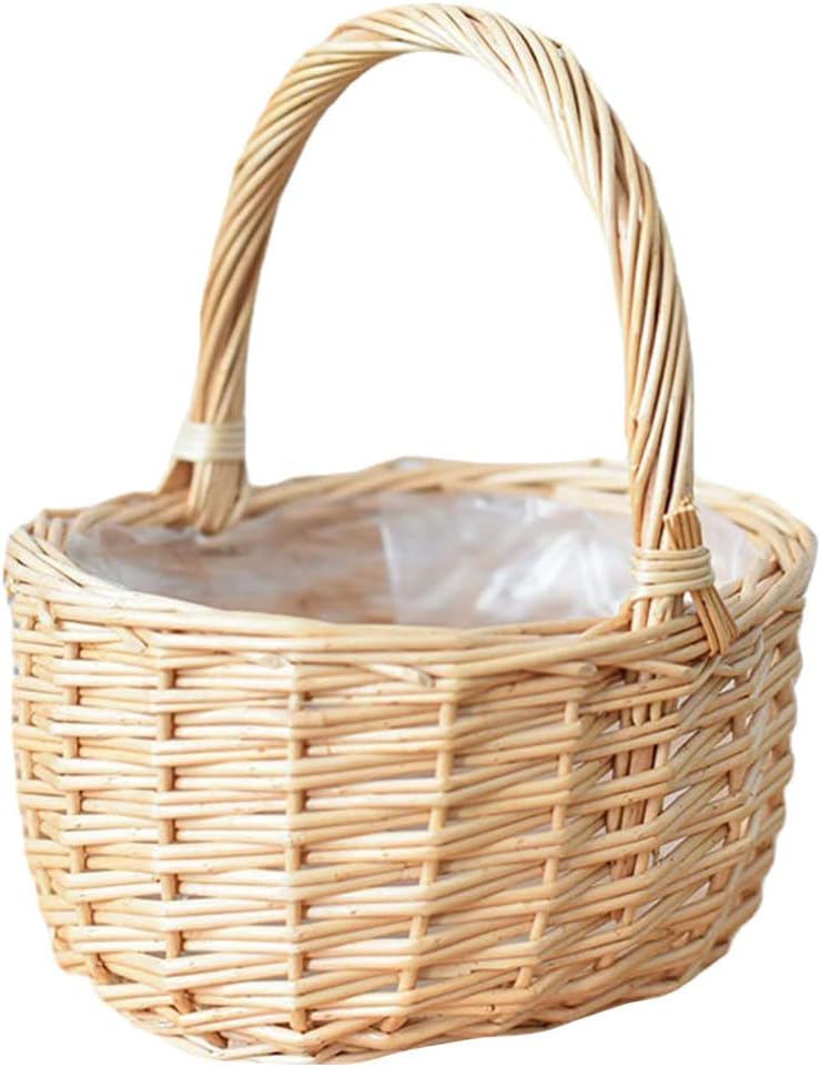 Flower Girl Baskets Egg Rattan Basket Easter Woven Flower Basket with Handles Picnic Wicker Baskets Round Serving Wedding Wicker Fruits Party Favors Multi-Purpose