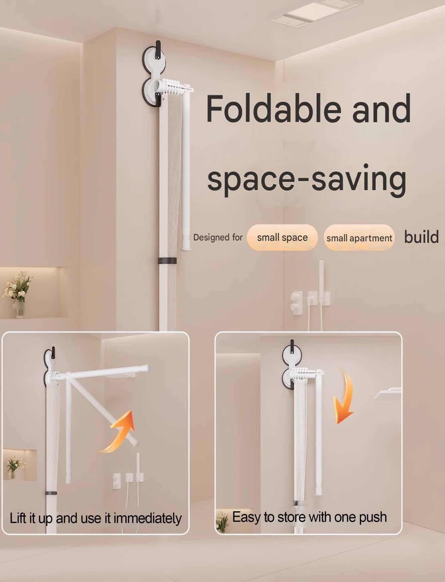 Cortina de ducha ajustable sin taladro, divisor de baño plegable impermeable con ventosas, barra de ducha extraíble para separación en húmedo y seco, fácil de instalar