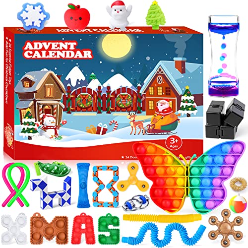 Fidget Advent Calendar 2021 for Kids Adults Christmas Countdown Calendar 24 Days with Sensory Fidget Toy Pack Mochi Squishy Toys Christmas Advent Calendar 2021 for Girls Boys Xmas Gifts Party Favors