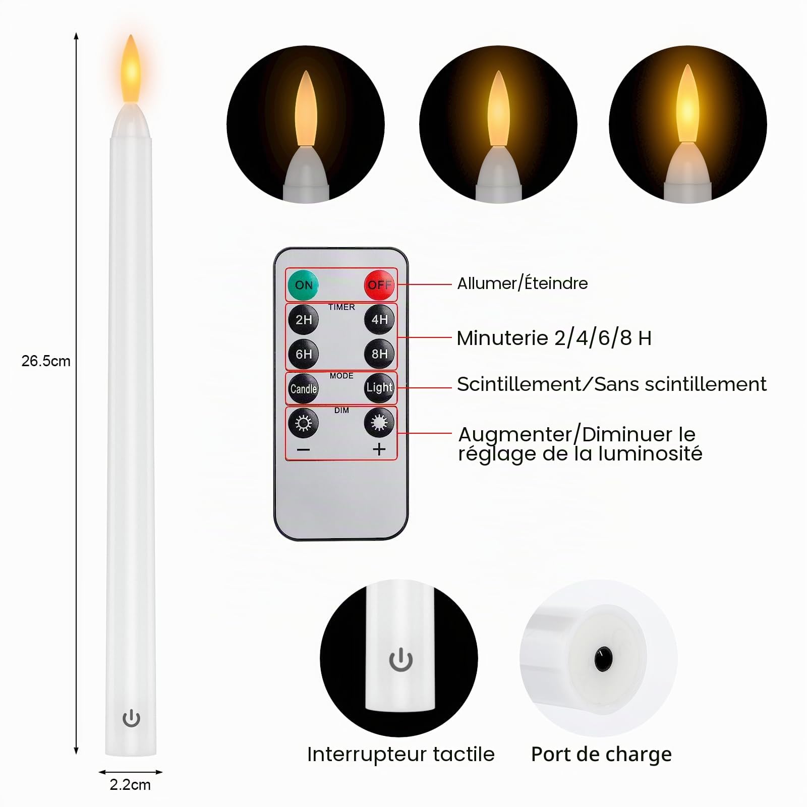 EXTSUD Lot de 6 Bougies Longues LED Vacillantes Sans Flamme avec 2 Télécommandes, Bougies de Fenêtre LED Rechargeable 26,5 CM Blanc, Décoration pour Noël Mariage Fêtes Banquets