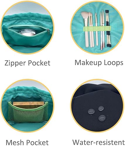 Miniatura 3 de Bolsa de maquillaje grande con cordón de barril para mujer, bolsa de cosméticos de viaje con soporte para cepillos y bolsa de cosméticos, Negro -,