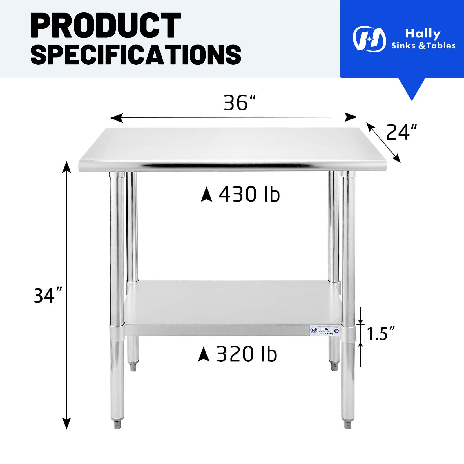 Hally Sinks & Tables H NSF - Tavolo in acciaio inox per preparazione e lavoro, 61 x 91 cm, resistente, con ripiano inferiore e gambe zincate, per ristoranti, casa e hotel